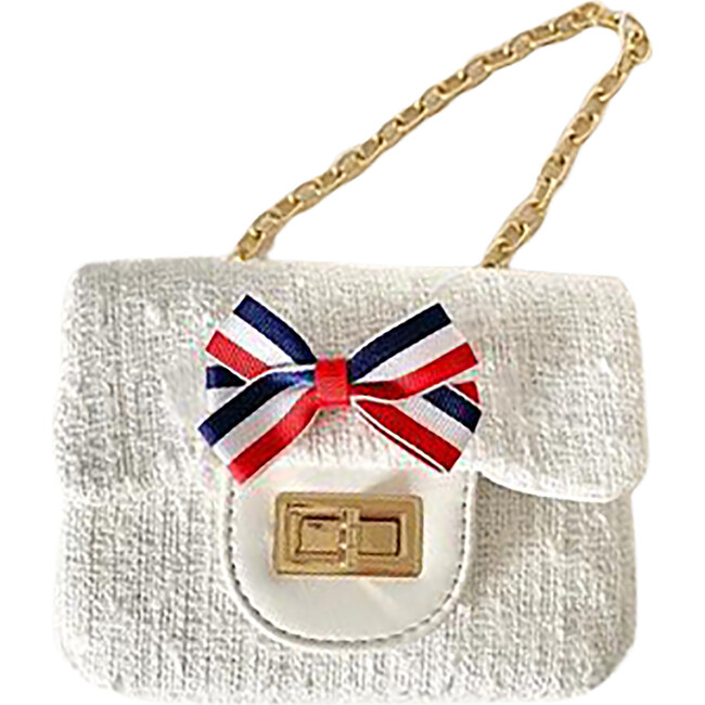 Stripped Bow Little Lady Tweed Bag, White