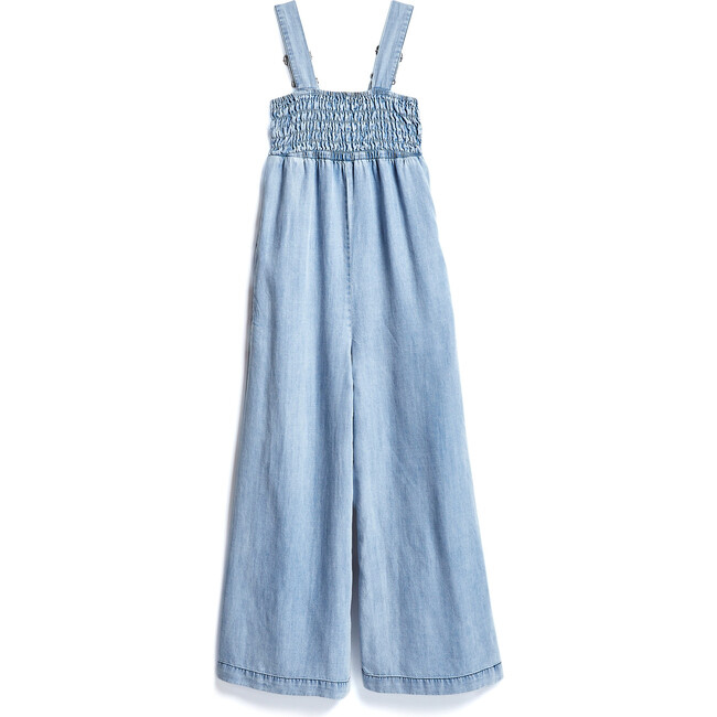 Smocked Wide Leg Jumpsuit, Light Chambray - Jumpsuits - 1