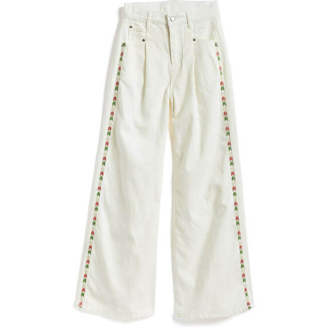 Embroidered Side Front Pleat Pant, White