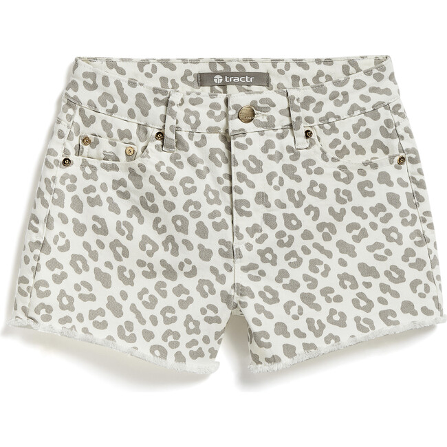 Brittany Leopard Print Fray Hem Shorts, White/Grey