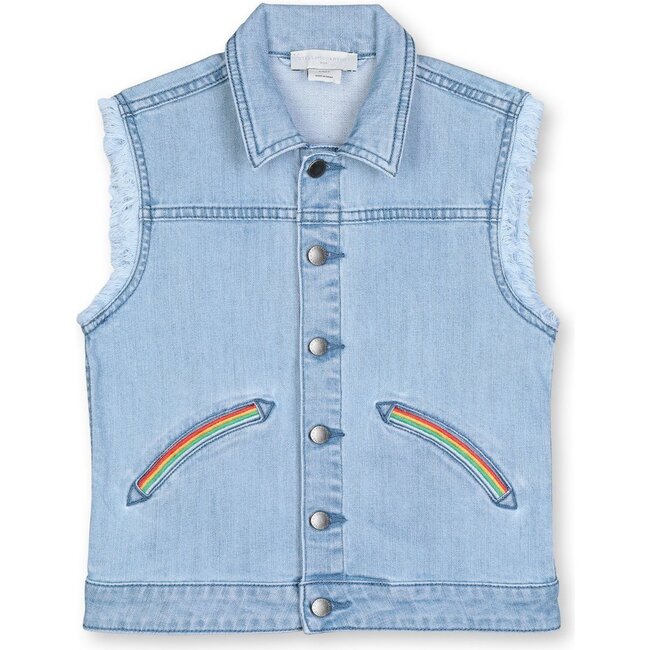 Denim Vest With Rainbow Trim, Blue - Vests - 1