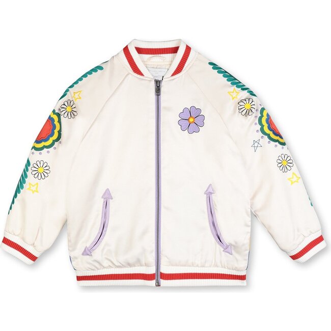 Satin Bomber Jacket With Flower Embroidery, Cream - Jackets - 1
