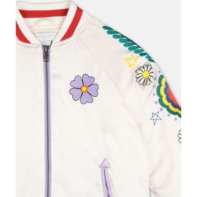 Satin Bomber Jacket With Flower Embroidery, Cream - Jackets - 3
