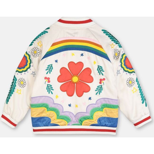 Satin Bomber Jacket With Flower Embroidery, Cream - Jackets - 4