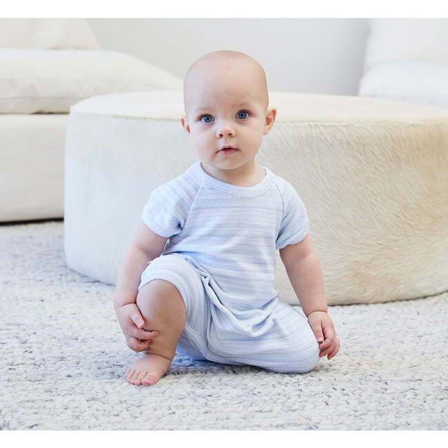 Baby Loop Terry Multi Stripe Short Sleeve Romper, Blue Stripe - Rompers - 2