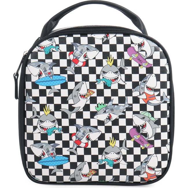 Shark Skater Checkerboard Print Lunch Bag, Black - Bags - 1
