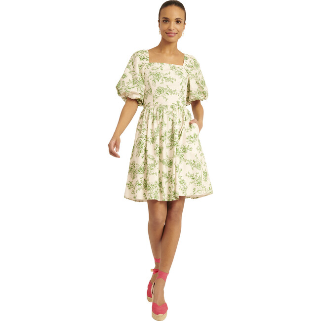 Women's Printed Cotton Poplin Puff Sleeve Short Dress, Sage Toile
