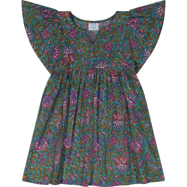 Margaux Flutter Sleeve Dress, Lotus Emerald Block Print