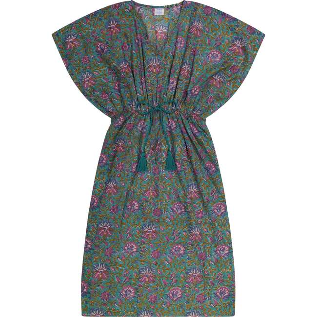 Delphine Women's Kaftan, Emerald Lotus Block Print - Dresses - 1 - zoom