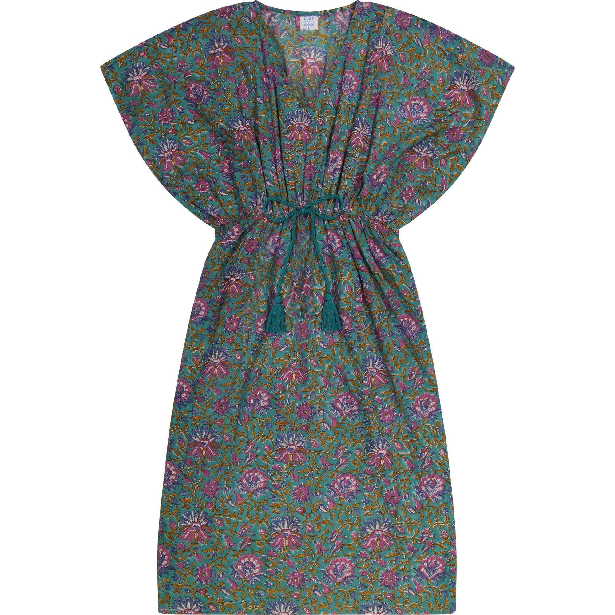 Delphine Women's Kaftan, Emerald Lotus Block Print - Dresses - 1
