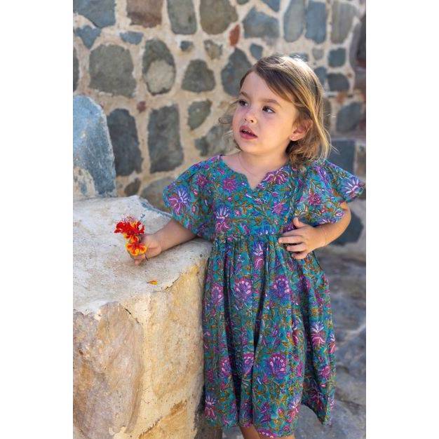 Margaux Flutter Sleeve Dress, Lotus Emerald Block Print