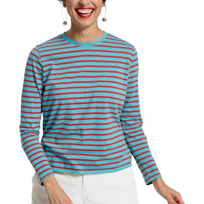 Women's Striped Top ,Turquoise Thick / Red Thin