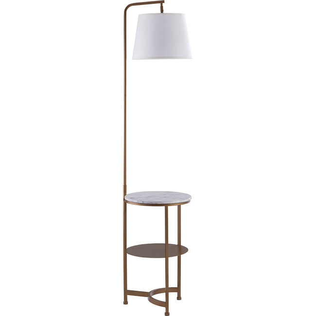 Lilah Floor Lamp End Table with Storage Shelf and Built-In USB, White/Brass