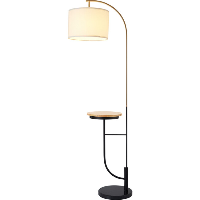 Danna Arc Floor Lamp with USB Port, Wood Table, Marble Base and White Shade