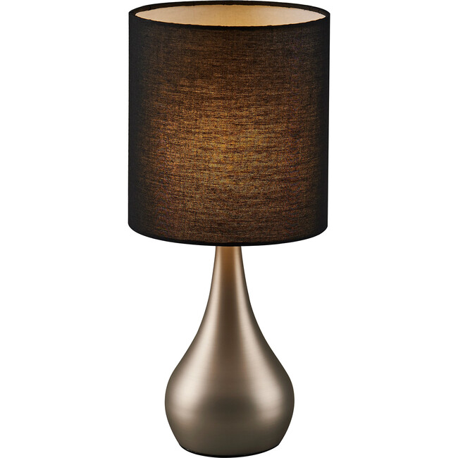 Sarah Metal Table Lamp with Touch Light, Black Fabric Shade, Brushed Steel Finish