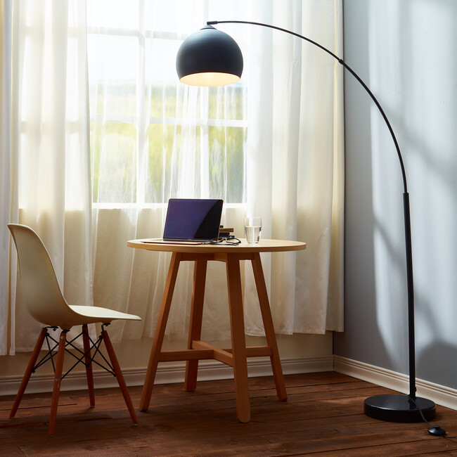 Arquer Arc Floor Lamp With Black Shade And Black Marble Base