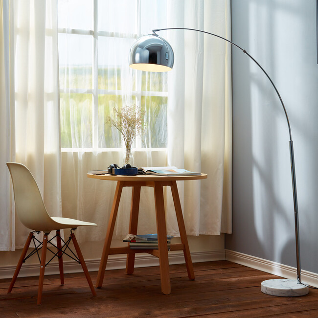 Arquer Arc Floor Lamp With Chrome Finished Shade And White Marble Base