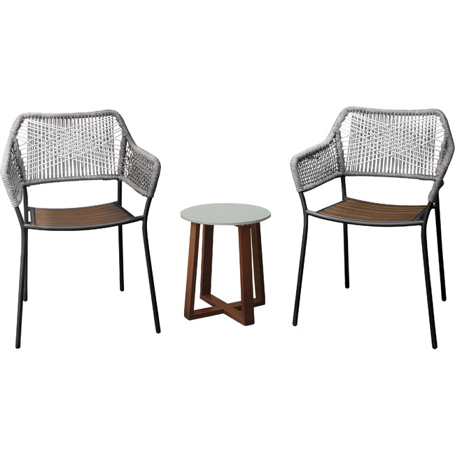 Outdoor 3-Piece Rope and Eucalyptus Patio Bistro Seating Set, Grey - Accent Seating - 1