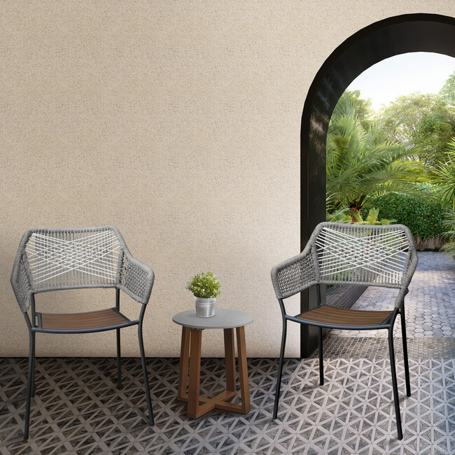 Outdoor 3-Piece Rope and Eucalyptus Patio Bistro Seating Set, Grey - Accent Seating - 3