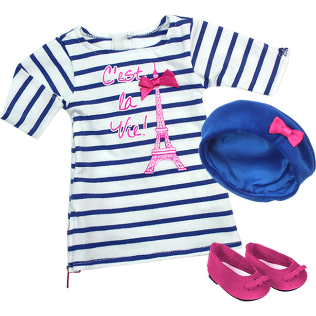 18" Doll, Stripe Eiffel Tower Dress, Velour Beret Hat & Fuchsia Suede Ballet Flats
