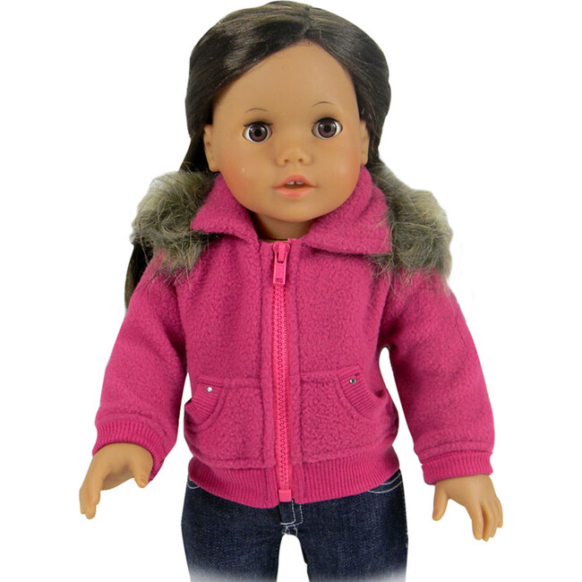 18" Doll, Fuchsia Cropped Fleece Sweatshirt with Fur Trim - Hot Pink