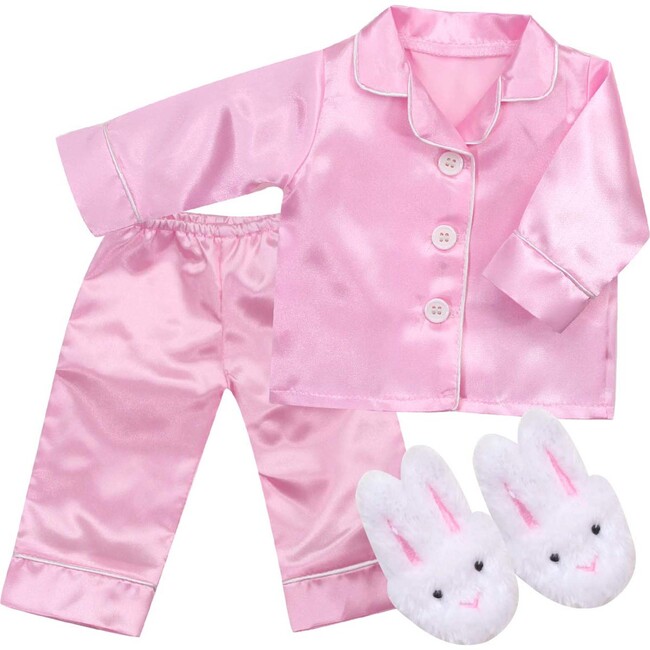 18" Doll, Satin Pajamas & Bunny Slippers - Light Pink