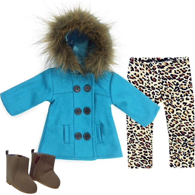 18" Doll, Turquoise Peacoat, Animal Print Leggings & Brown Ankle Boots