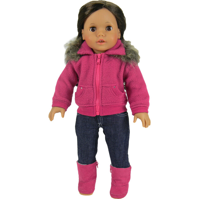 18" Doll, Fuchsia Cropped Fleece Sweatshirt with Fur Trim - Hot Pink