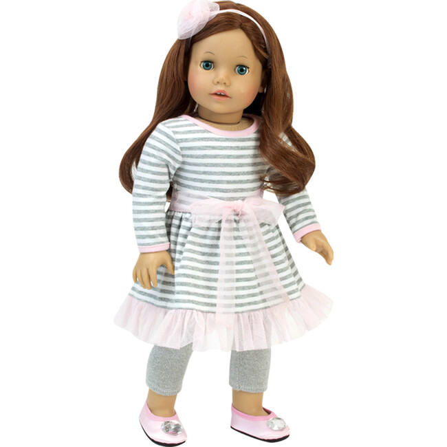 18" Doll, Stripe Tulle Hem Dress, Leggings, Hair Accessory & Jeweled Ballet Flats