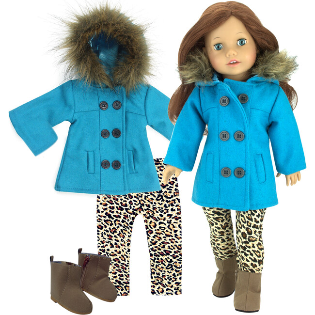18" Doll, Turquoise Peacoat, Animal Print Leggings & Brown Ankle Boots
