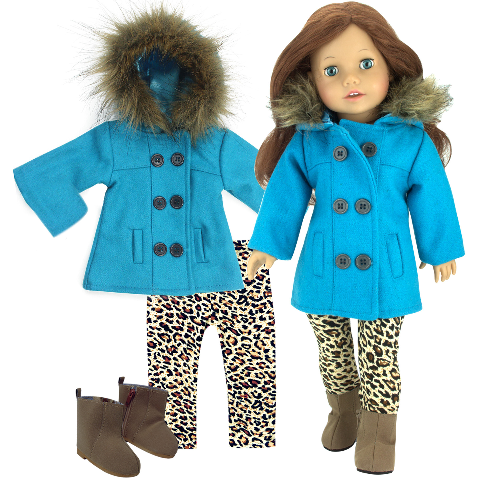 18" Doll, Turquoise Peacoat, Animal Print Leggings & Brown Ankle Boots - Doll Accessories - 1