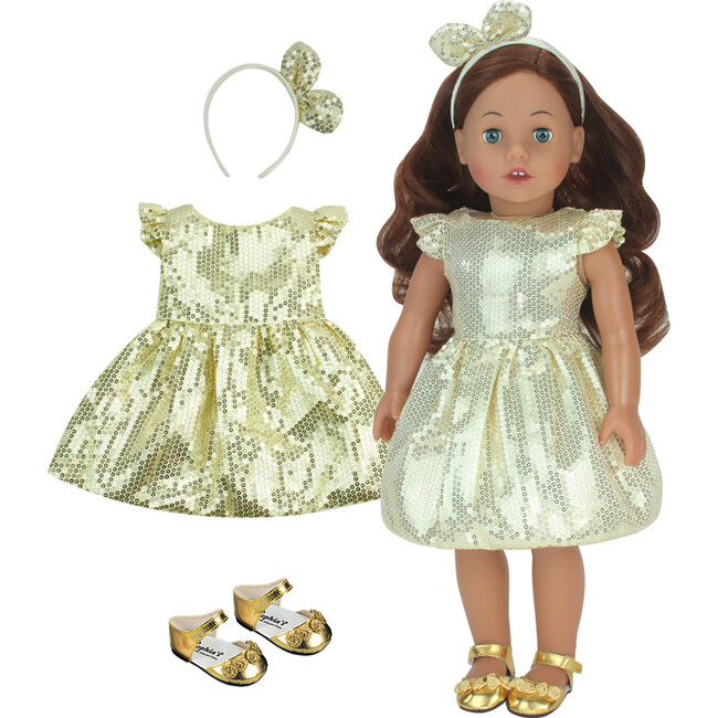 18" Doll, Sequin Holiday Dress & Headband & Ankle Strap Dress Shoes - Gold