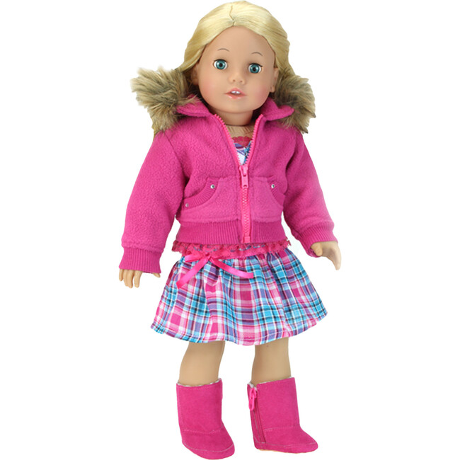 18" Doll, Fuchsia Cropped Fleece Sweatshirt with Fur Trim - Hot Pink - Doll Accessories - 3