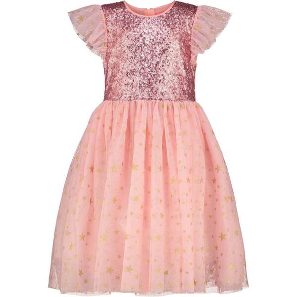 Shimmer Sequin & Petite Gold Star Tulle Girls Party Dress, Pink Holly Hastie Dresses