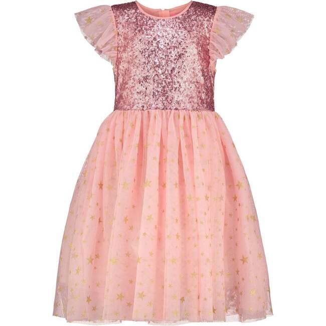 Shimmer Sequin & Petite Gold Star Tulle Girls Party Dress, Pink