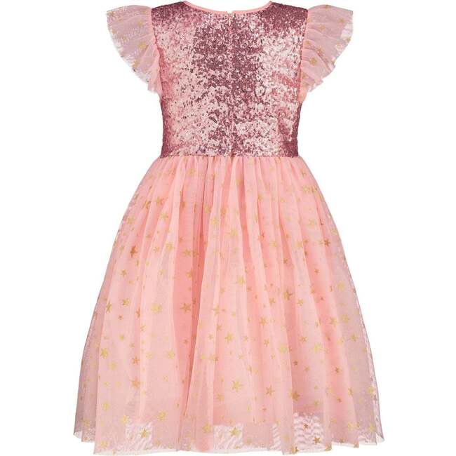 Shimmer Sequin & Petite Gold Star Tulle Girls Party Dress, Pink - Dresses - 3