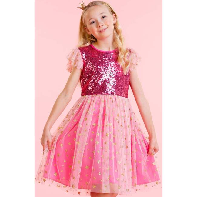 Shimmer Sequin Star Tulle Girls Party Dress, Candy Pink - Dresses - 2