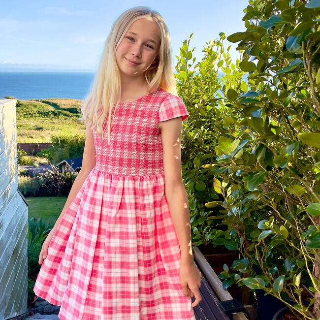 Bonnie Plaid Cotton Smocked Girls Party Dress, Pink - Dresses - 2