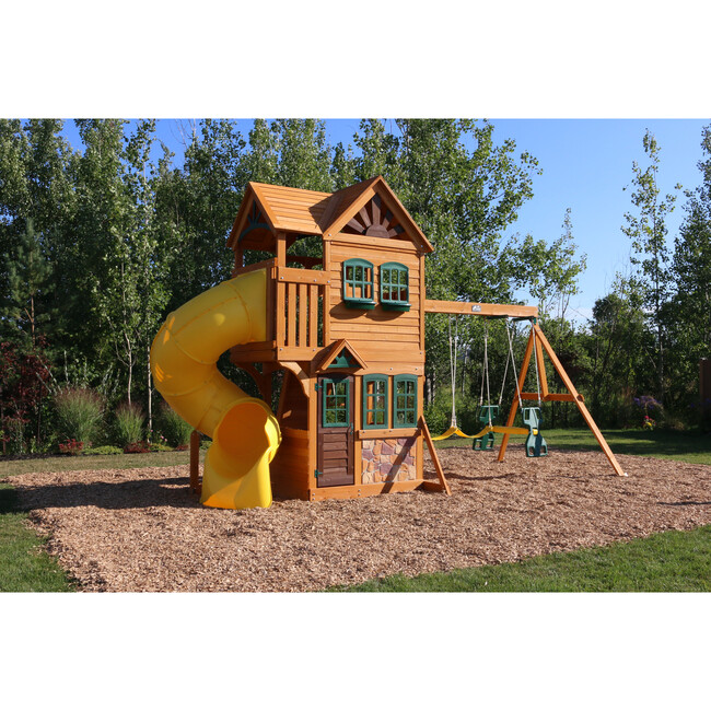 Boulder Station Wooden Swing Set Playset with Tube Slide KidKraft Backyard Park Maisonette