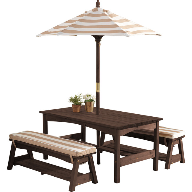 Outdoor Wooden Table & Bench with Cushions and Umbrella, Espresso