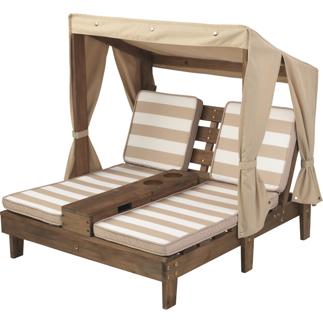 Wooden Outdoor Double Chaise Lounge with Cup Holders, Espresso