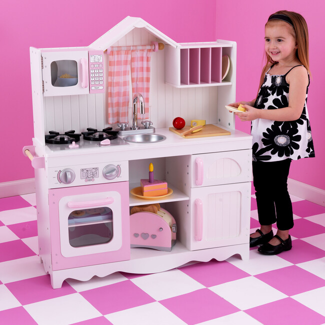 Modern Country Wooden Play Kitchen, White/Pink - Play Kitchens - 2