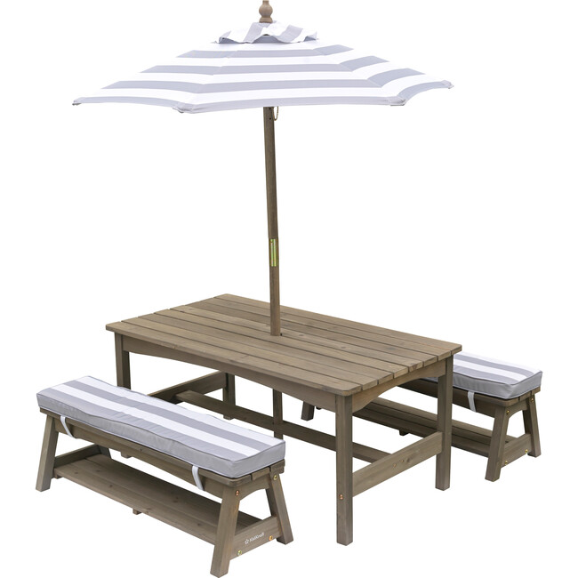 Outdoor Table & Bench Set with Cushions and Umbrella