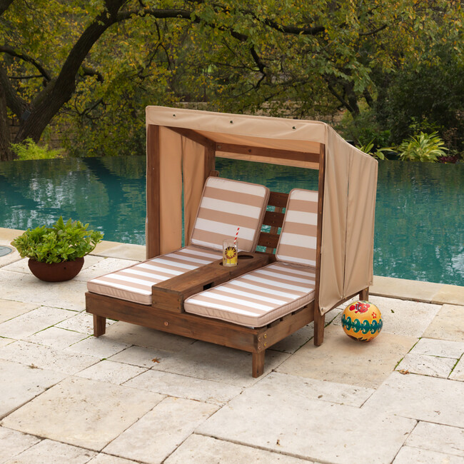 Wooden Outdoor Double Chaise Lounge with Cup Holders, Espresso - Kids Seating - 3