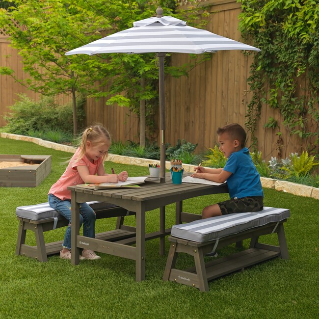 Outdoor Table & Bench Set with Cushions and Umbrella