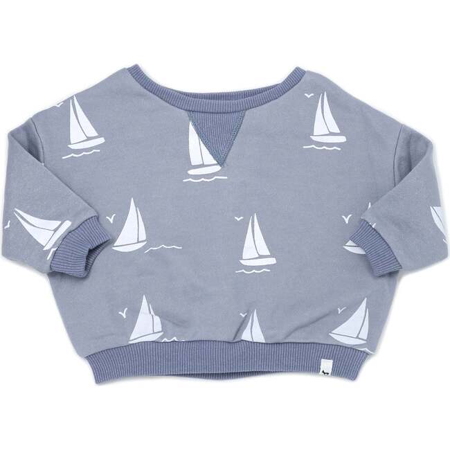 Cotton French Terry V Collar Boxy Sweatshirt, Sailboats Print - Sweatshirts - 1