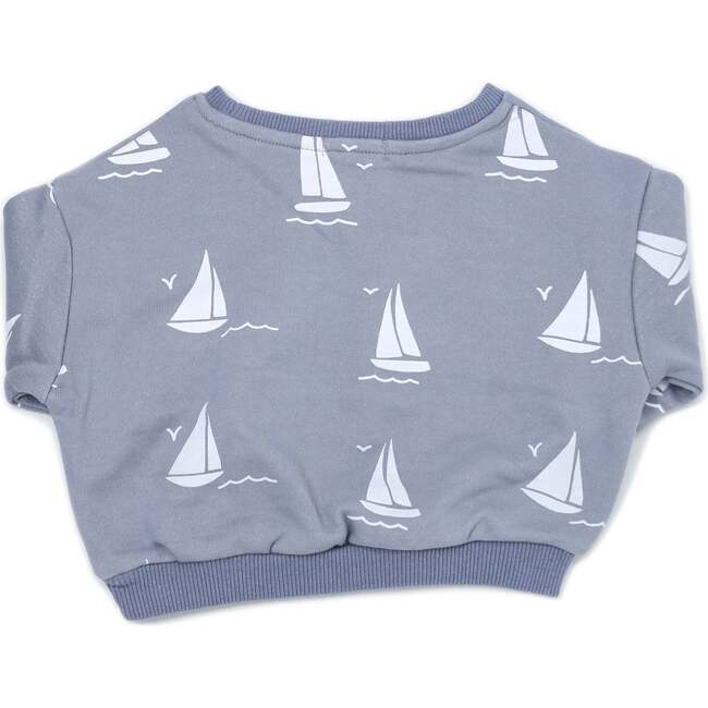 Cotton French Terry V Collar Boxy Sweatshirt, Sailboats Print