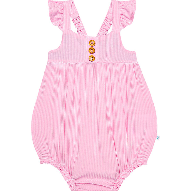 Solid Ribbed Posh Pink  Henley Ruffled Capsleeve Bubble Romper - Rompers - 1