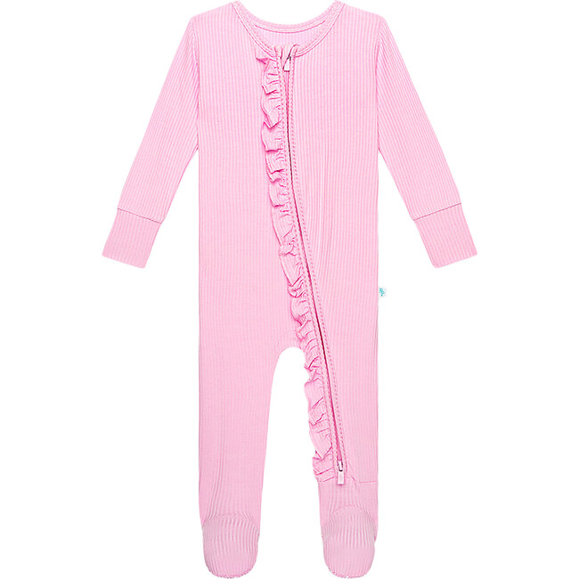 Solid Ribbed Posh Pink  Footie Ruffled Zippered One Piece - Pajamas - 1