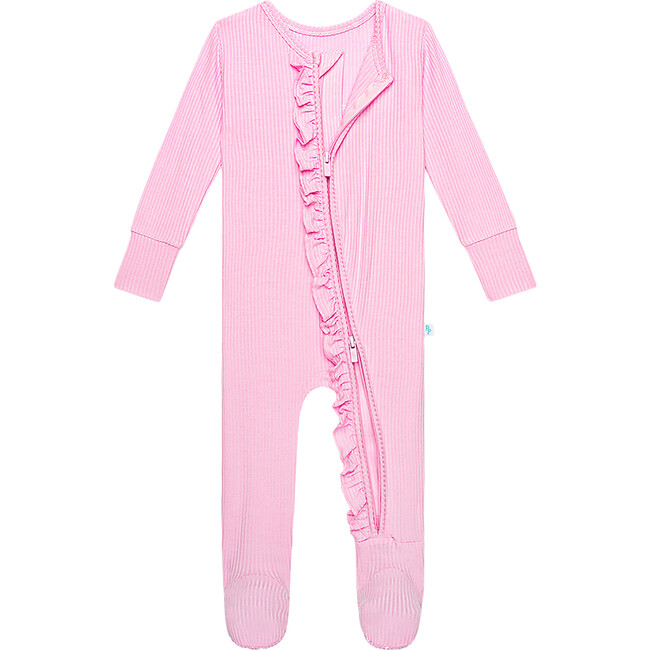 Solid Ribbed Posh Pink  Footie Ruffled Zippered One Piece - Pajamas - 2